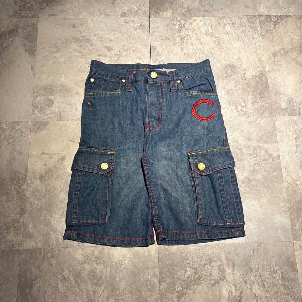 Coogi Kids Denim Cargo Shorts Blue Rainbow Stitch Embroidered Logo Size 8